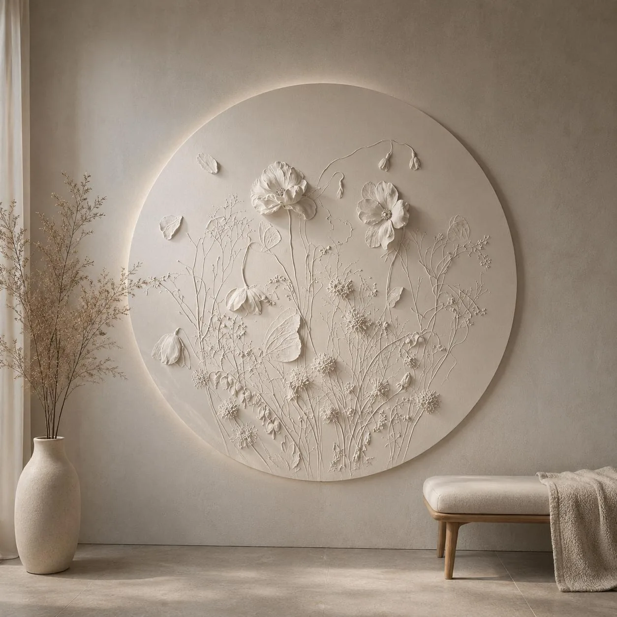 Round handmade botanical textured art panel in a soft interior