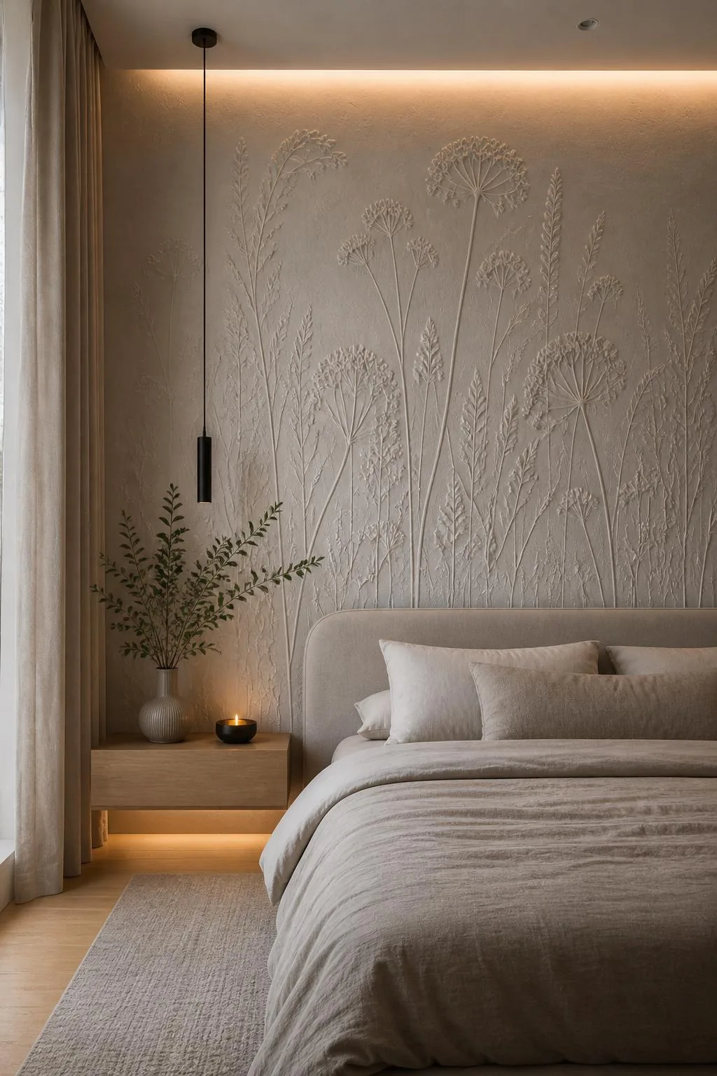 Bedroom with sculpted botanical wall
