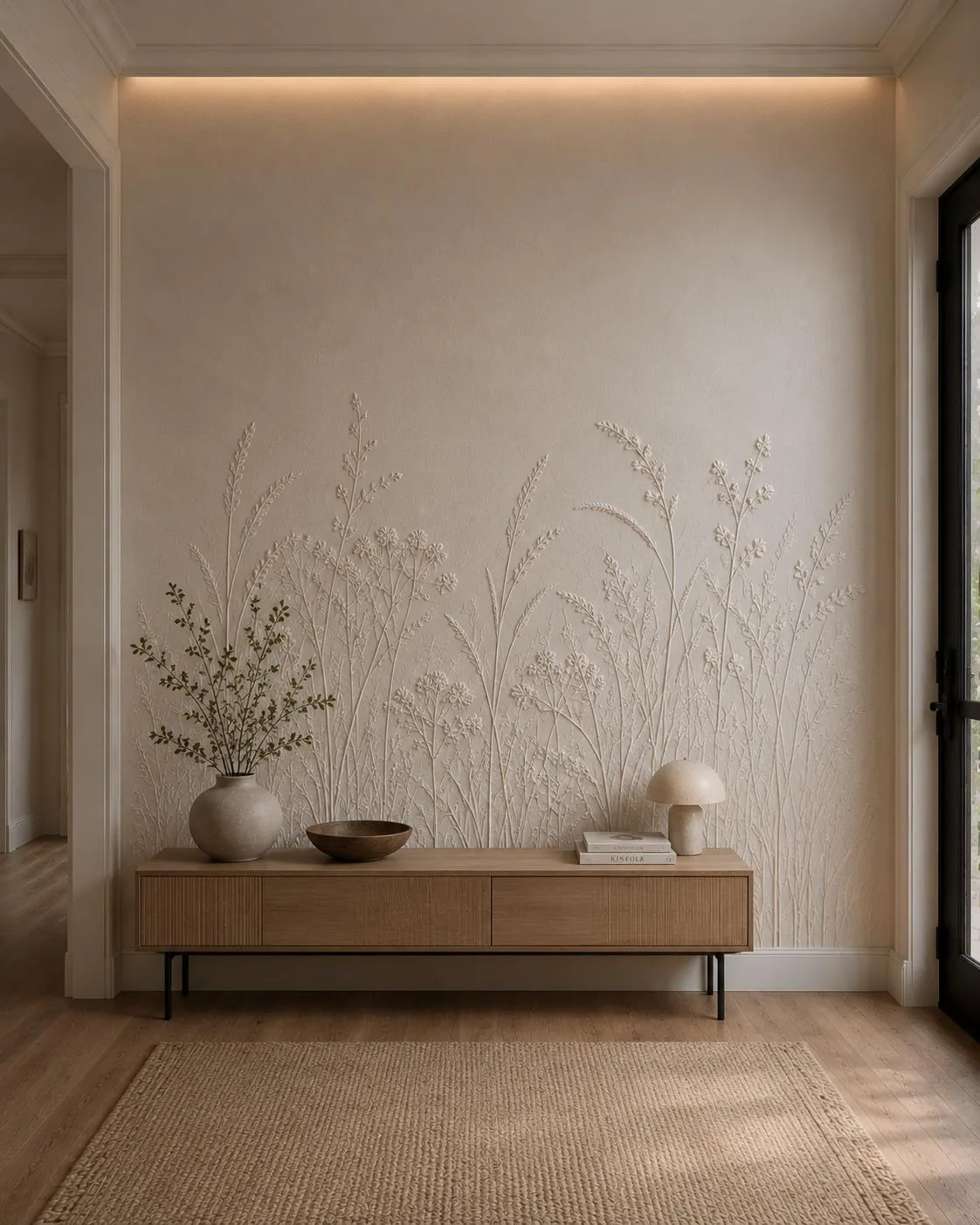 Hallway wall with handmade botanical relief and warm lighting