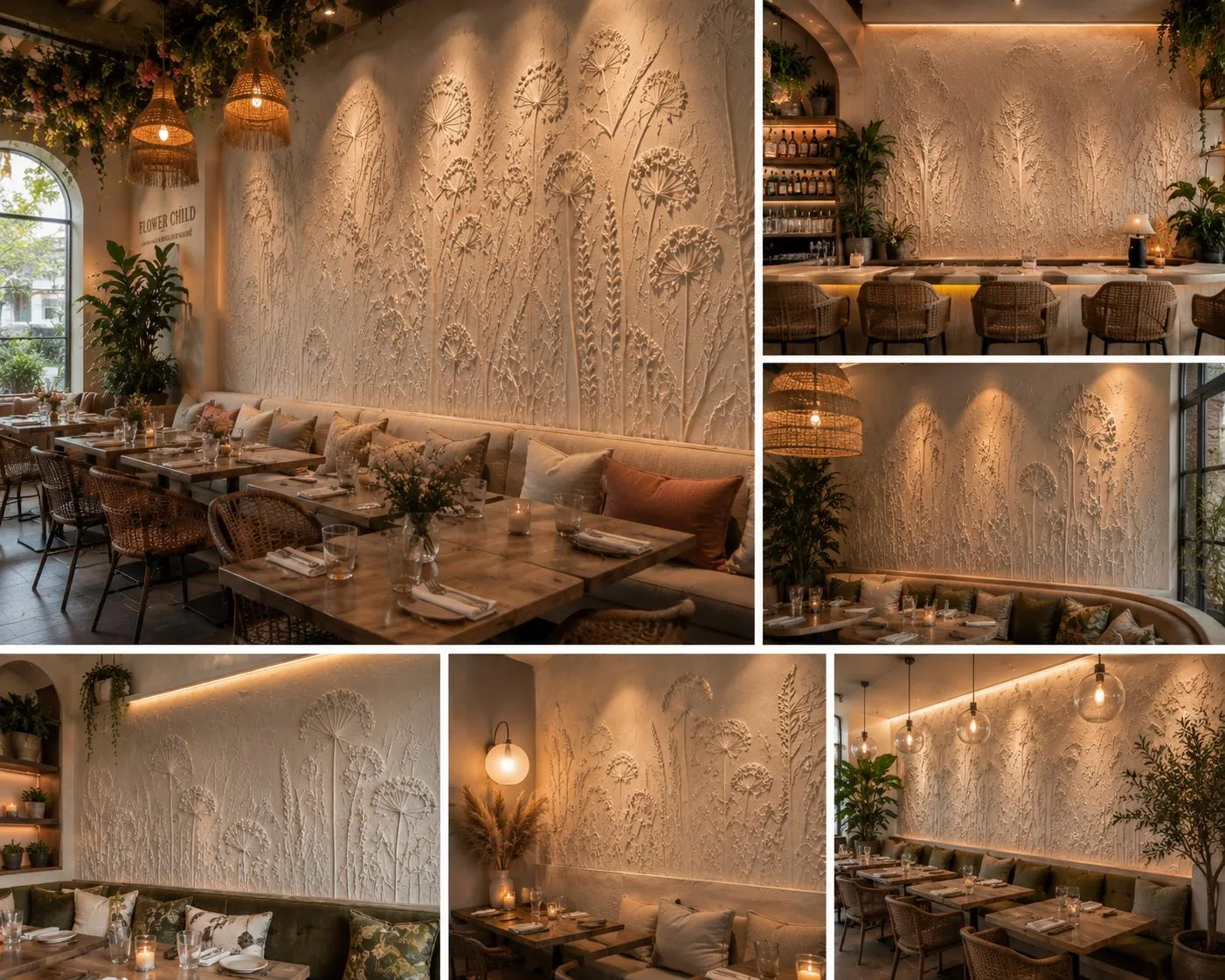 Restaurant collage with sculptural botanical feature walls