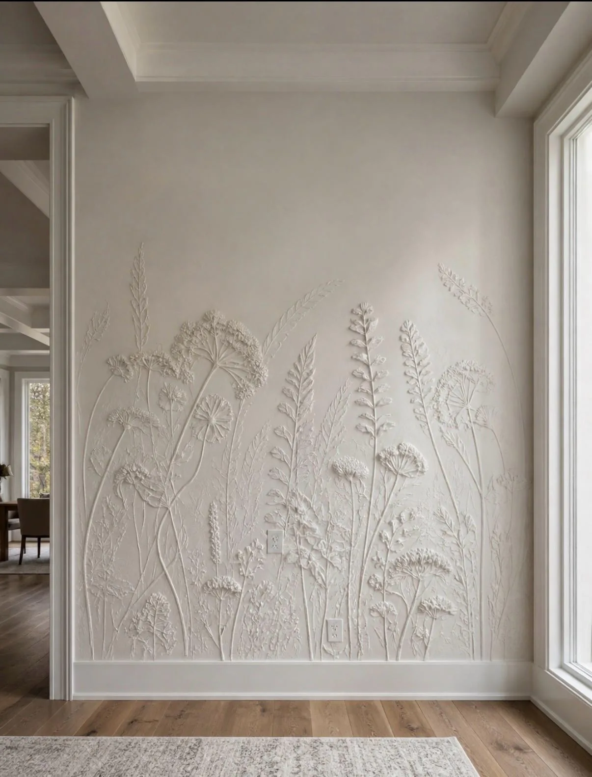 White botanical wall relief in an elegant home interior