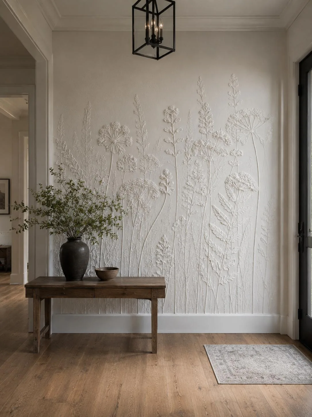 Entryway with white botanical relief wall